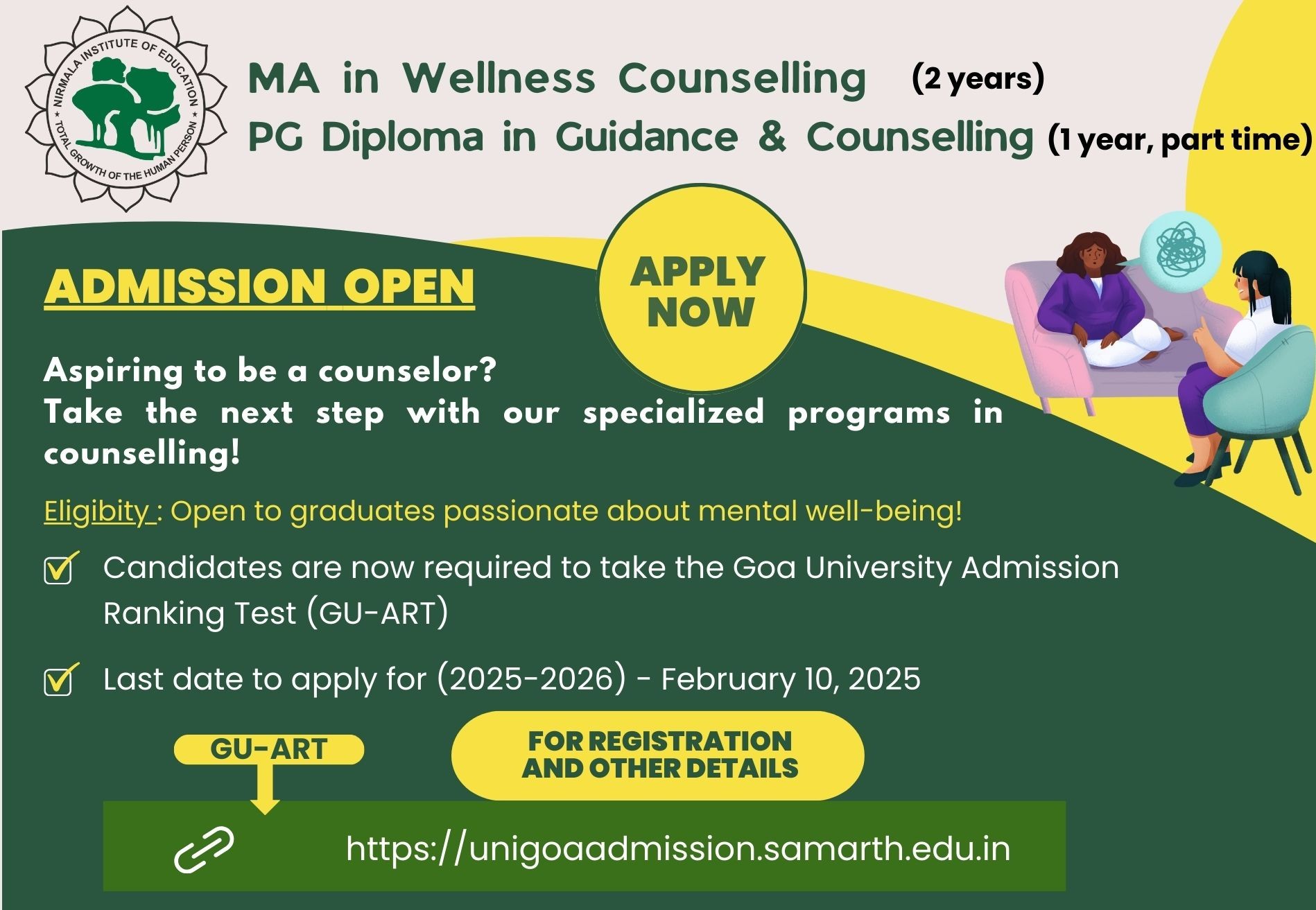 Admissions to PDGC and MA in Wellness Counselling