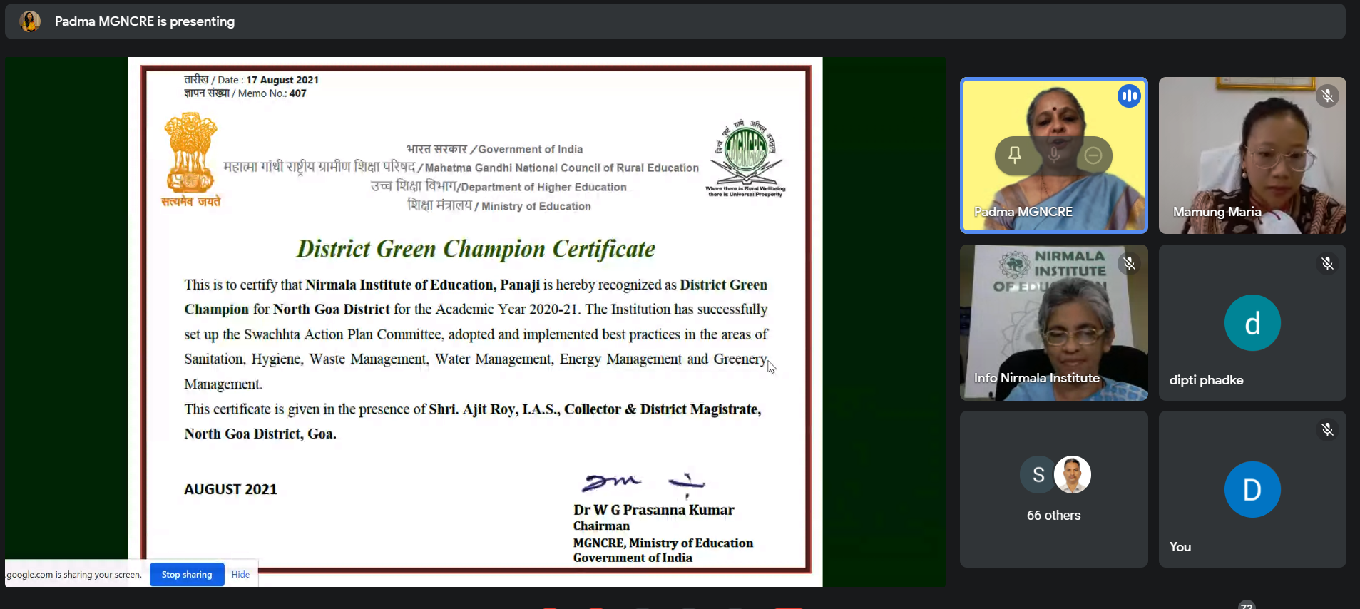 District Green Champion for North Goa District for the Academic Year 2020-21